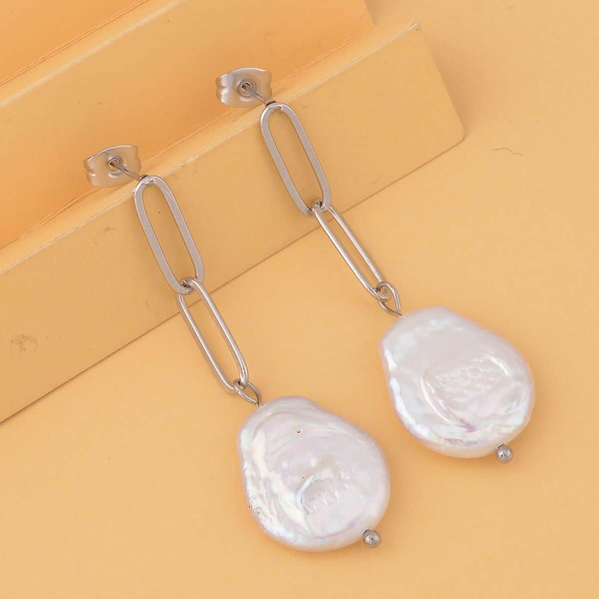 White Coin Freshwater Pearl Paperclip Earrings in Stainless Steel image number 1