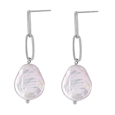 White Coin Freshwater Pearl Paperclip Earrings in Stainless Steel , Tarnish-Free, Waterproof, Sweat Proof Jewelry