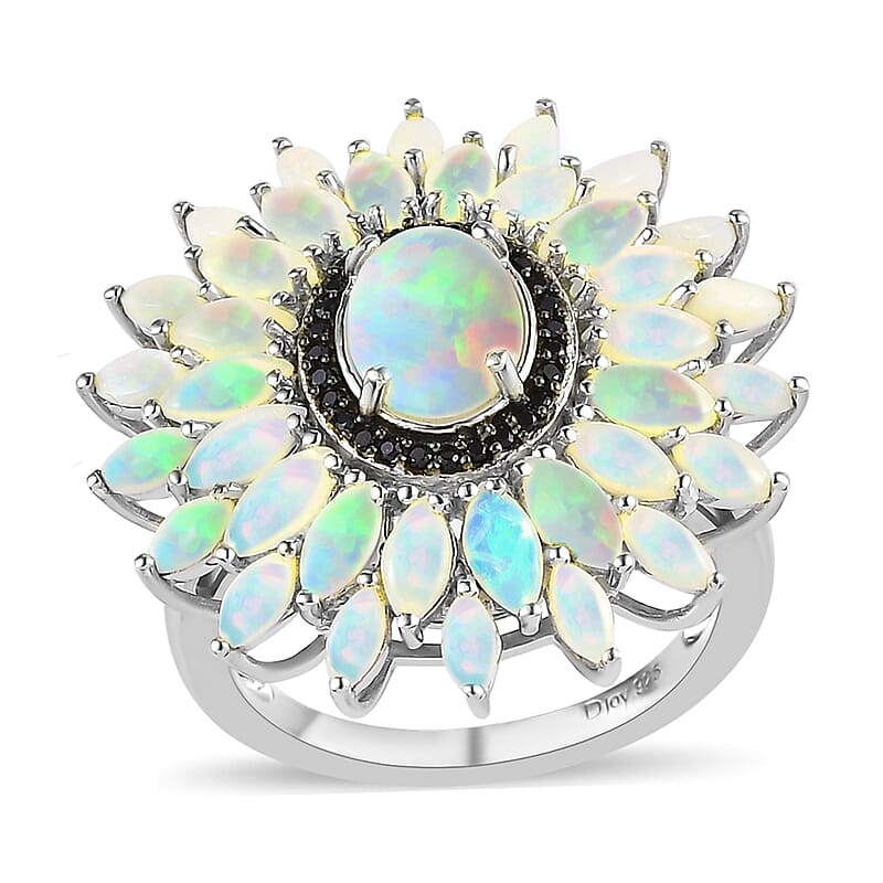 Australian Opal and Thai Black Spinel Floral Ring in Platinum Over Sterling Silver (Size 10.0) 3.10 ctw