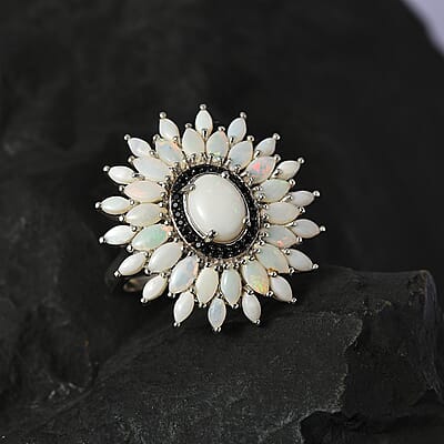 Australian Opal and Thai Black Spinel Floral Ring in Platinum Over Sterling Silver (Size 10.0) 3.10 ctw