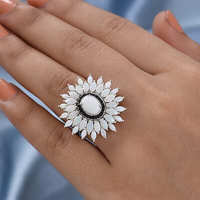 Australian Opal and Thai Black Spinel Floral Ring in Platinum Over Sterling Silver (Size 10.0) 3.10 ctw