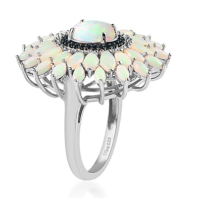 Australian Opal and Thai Black Spinel Floral Ring in Platinum Over Sterling Silver (Size 10.0) 3.10 ctw