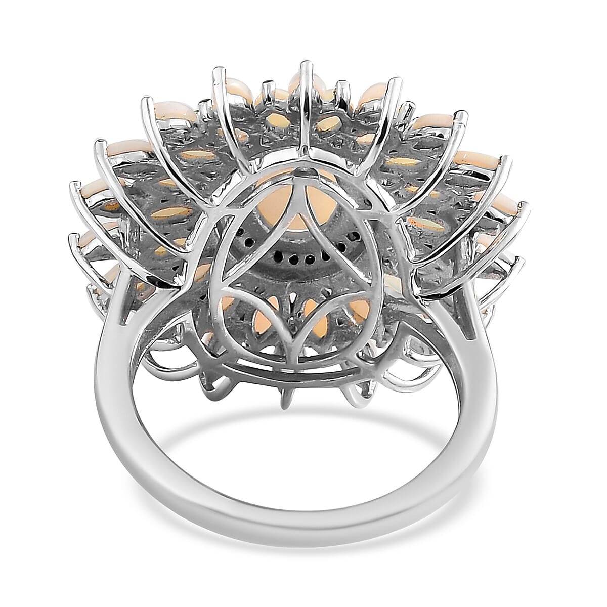 Australian Opal and Thai Black Spinel Floral Ring in Platinum Over Sterling Silver (Size 10.0) 3.10 ctw