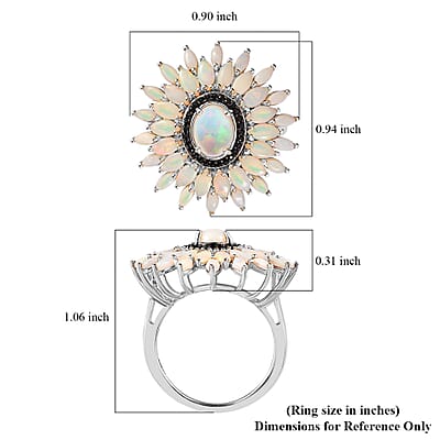 Australian Opal and Thai Black Spinel Floral Ring in Platinum Over Sterling Silver (Size 10.0) 3.10 ctw