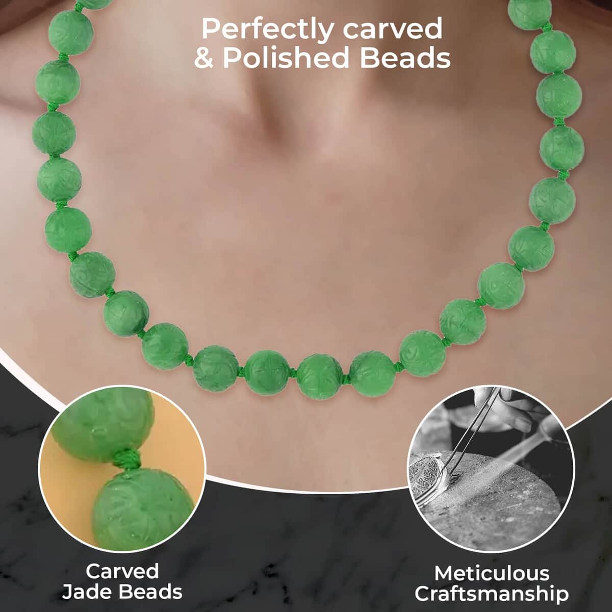 Green Jade Carved 13-15mm Beaded Necklace (20 Inches) in Sterling Silver 684.00 ctw image number 2