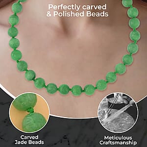 Green Jade (D) 684.00 ctw Carved Beaded Necklace (20 Inches) in Sterling Silver