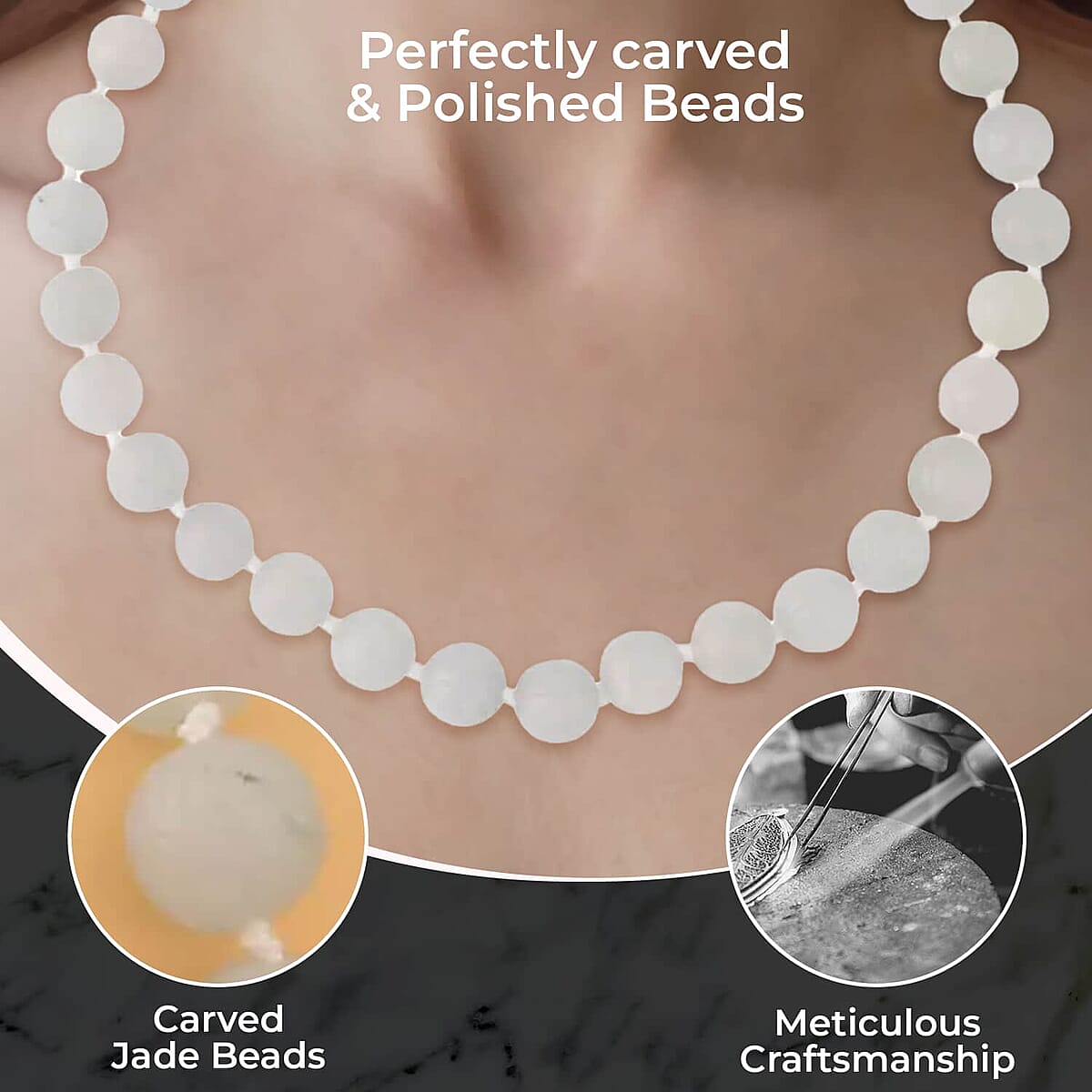 Carved White Jade Beaded Necklace, 20 inch Sterling Silver Necklace, 13-15mm Jade Beads Necklace 684.00 ctw image number 2
