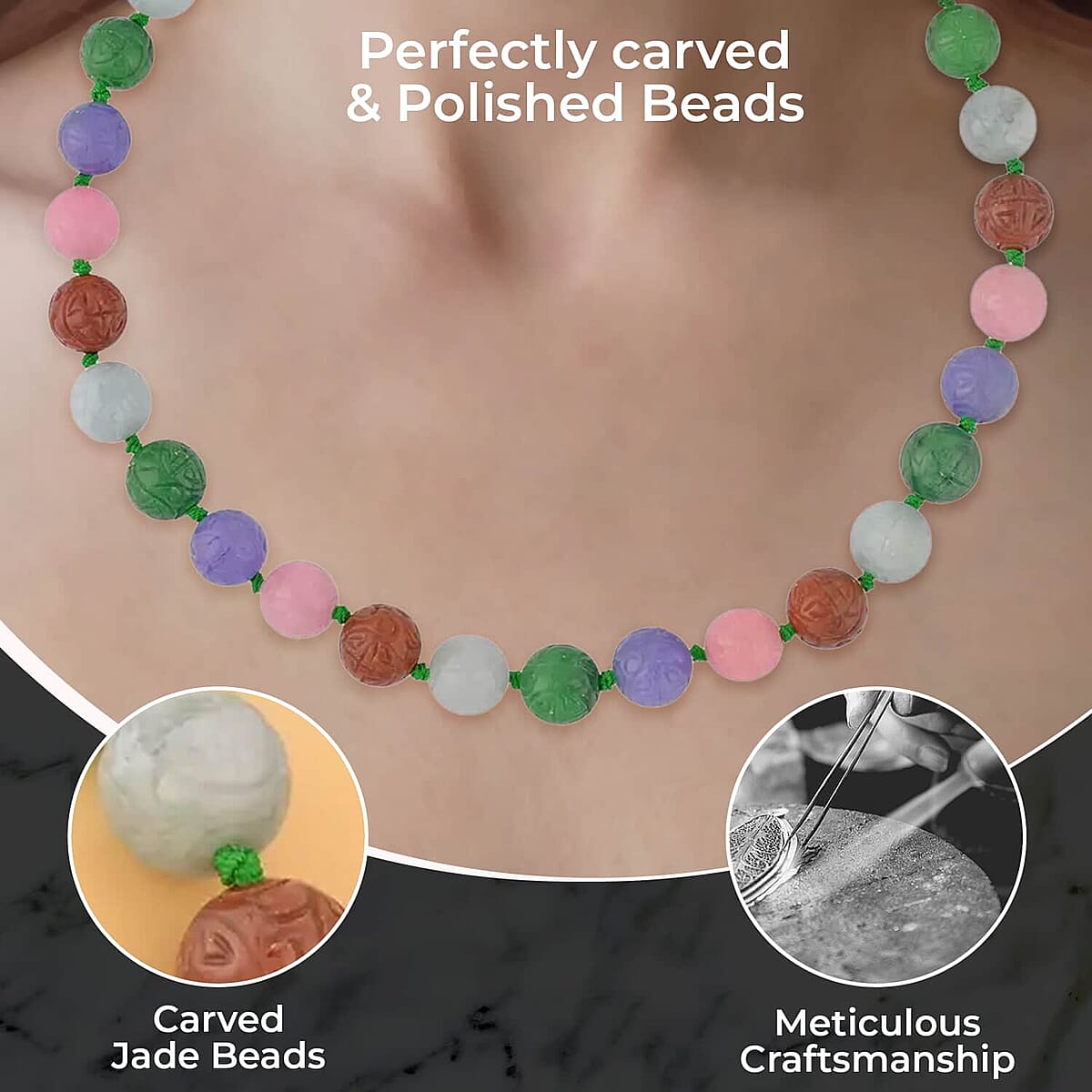Carved Multi Color Jade Beaded Necklace, 20 inch Sterling Silver Necklace, 13-15mm Jade Beads Necklace 684.00 ctw image number 2