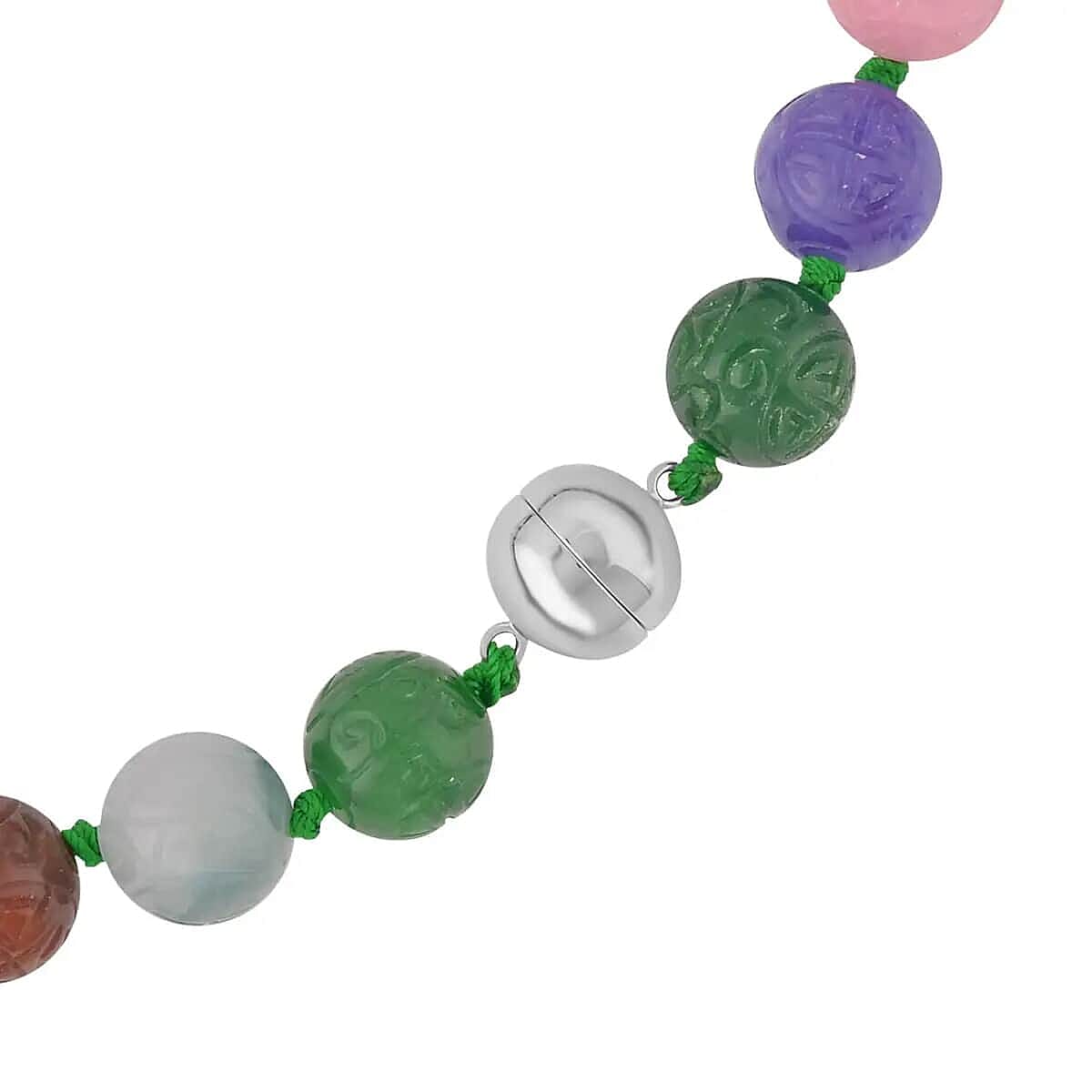 Carved Multi Color Jade Beaded Necklace, 20 inch Sterling Silver Necklace, 13-15mm Jade Beads Necklace 684.00 ctw image number 4