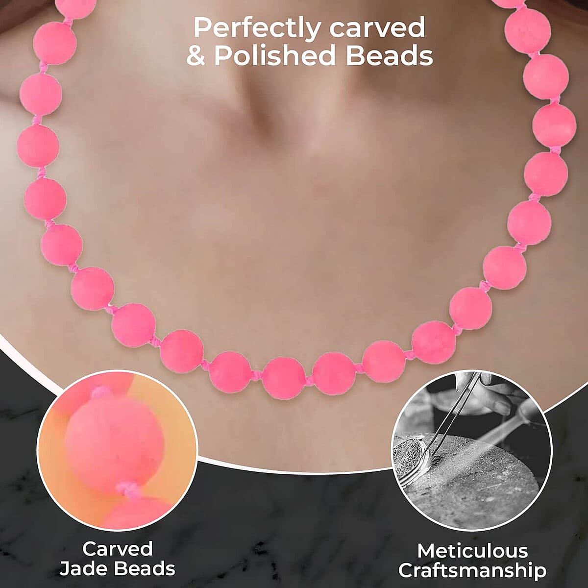 Carved Pink Jade Beaded Necklace, 20 inch Sterling Silver Necklace, 13-15mm Jade Beads Necklace 684.00 ctw image number 2