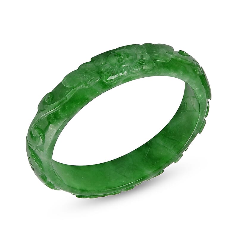 Green Jade (D) Carved Flower Bangle Bracelet (7.25 In) 282.50 ctw
