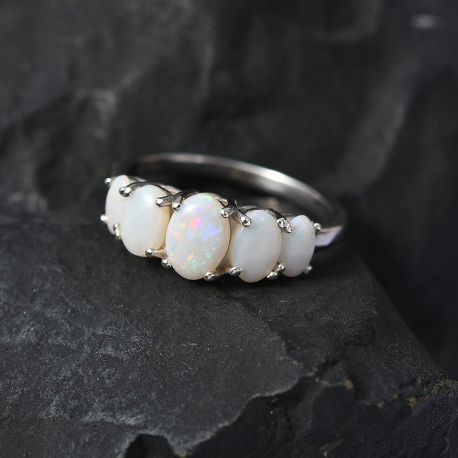 Natural Australian Opal 5 Stone Ring in Platinum Over Sterling Silver (Size 10.0) 1.35 ctw