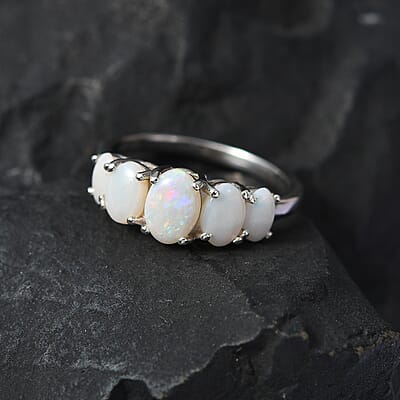 Natural Australian Opal 5 Stone Ring in Platinum Over Sterling Silver (Size 10.0) 1.35 ctw