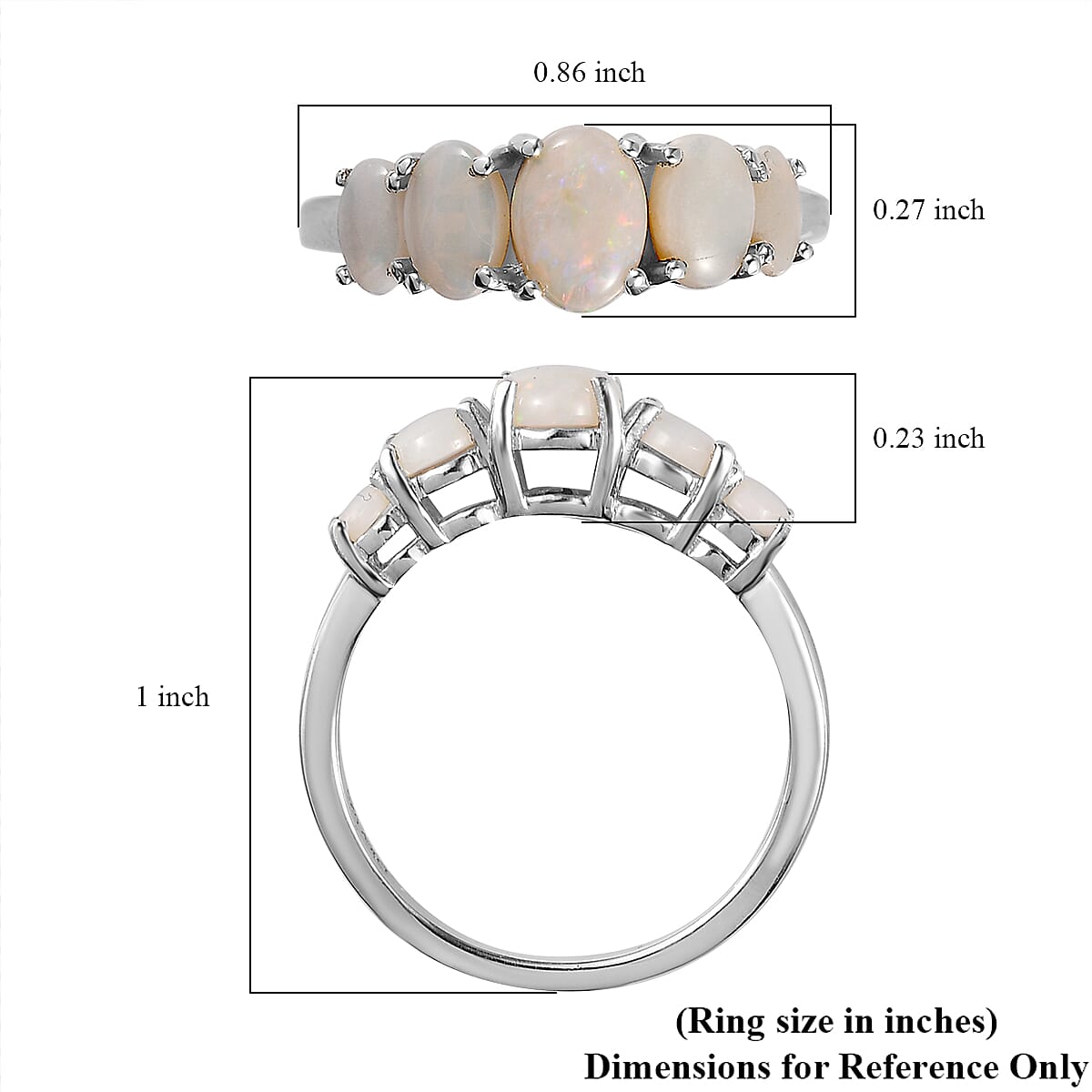 Natural Australian Opal 5 Stone Ring in Platinum Over Sterling Silver (Size 10.0) 1.35 ctw