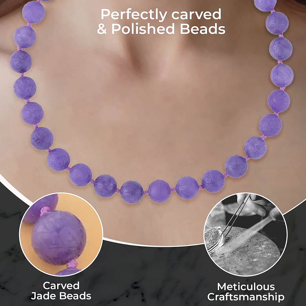 Carved Purple Jade Beaded Necklace, 20 inch Sterling Silver Necklace, 13-15mm Jade Beads Necklace 684.00 ctw image number 2