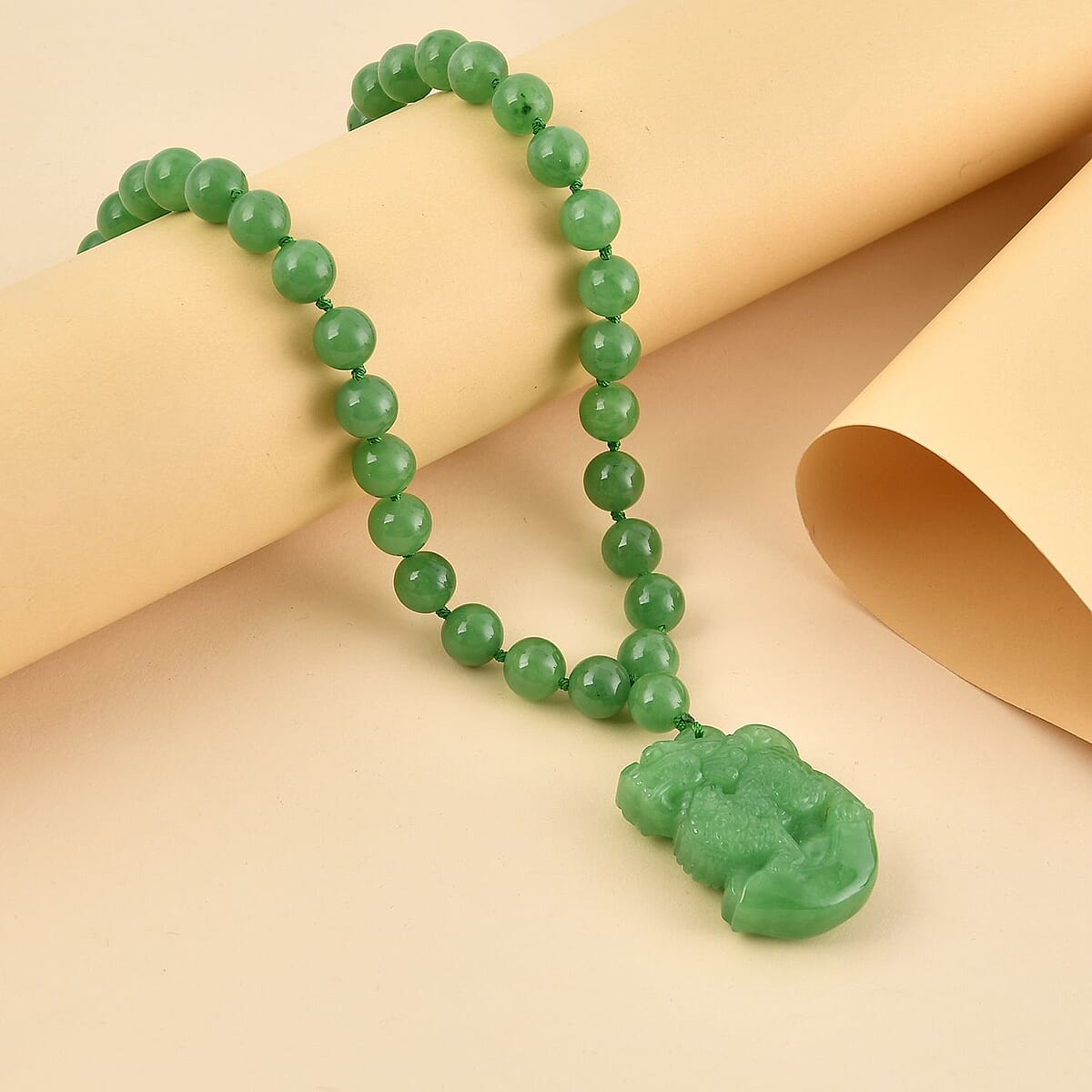Green Jade (D) Carved Qi Lin Pendant with Beaded Necklace 20 Inches in 14K YG Over Sterling Silver Magnetic Lock 550.00 ctw image number 1