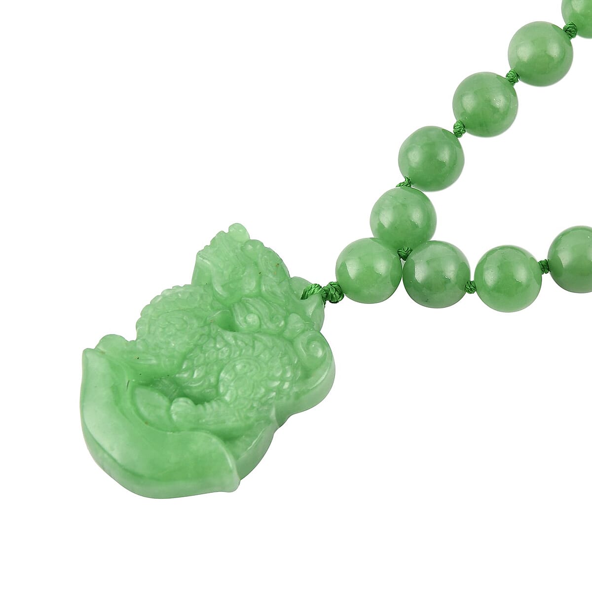 Green Jade (D) Carved Qi Lin Pendant with Beaded Necklace 20 Inches in 14K YG Over Sterling Silver Magnetic Lock 550.00 ctw image number 2