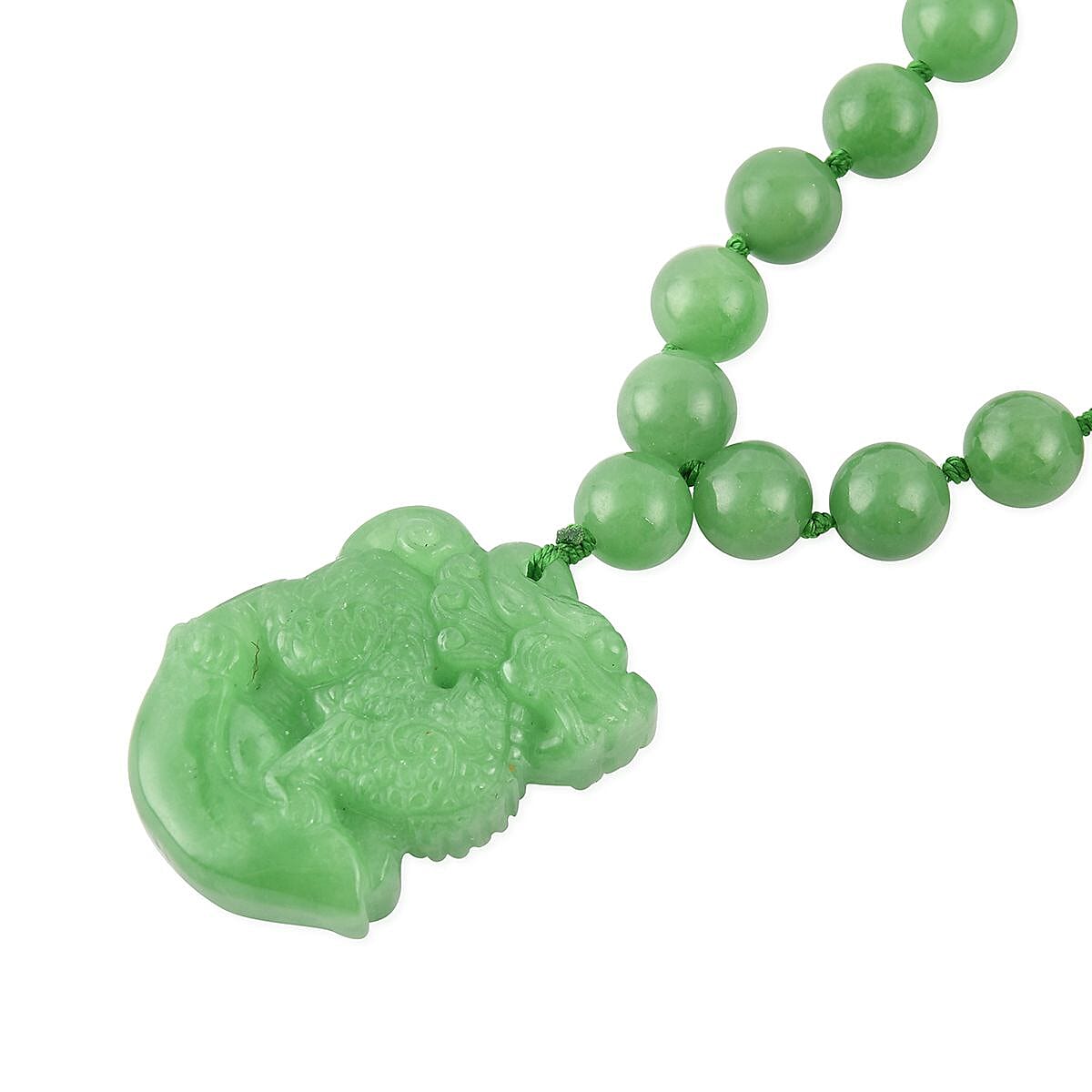 Green Jade (D) Carved Qi Lin Pendant with Beaded Necklace 20 Inches in 14K YG Over Sterling Silver Magnetic Lock 550.00 ctw image number 3