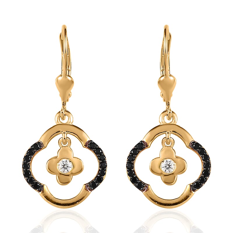 Moissanite and Thai Black Spinel Floral 4 leaf Clover Earrings in Vermeil YG Over Sterling Silver 0.40 ctw