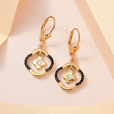 Moissanite and Thai Black Spinel Floral 4 leaf Clover Earrings in Vermeil YG Over Sterling Silver 0.40 ctw