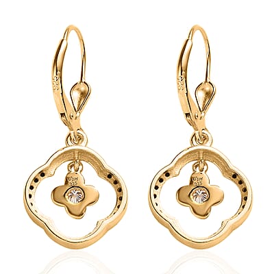 Moissanite and Thai Black Spinel Floral 4 leaf Clover Earrings in Vermeil YG Over Sterling Silver 0.40 ctw