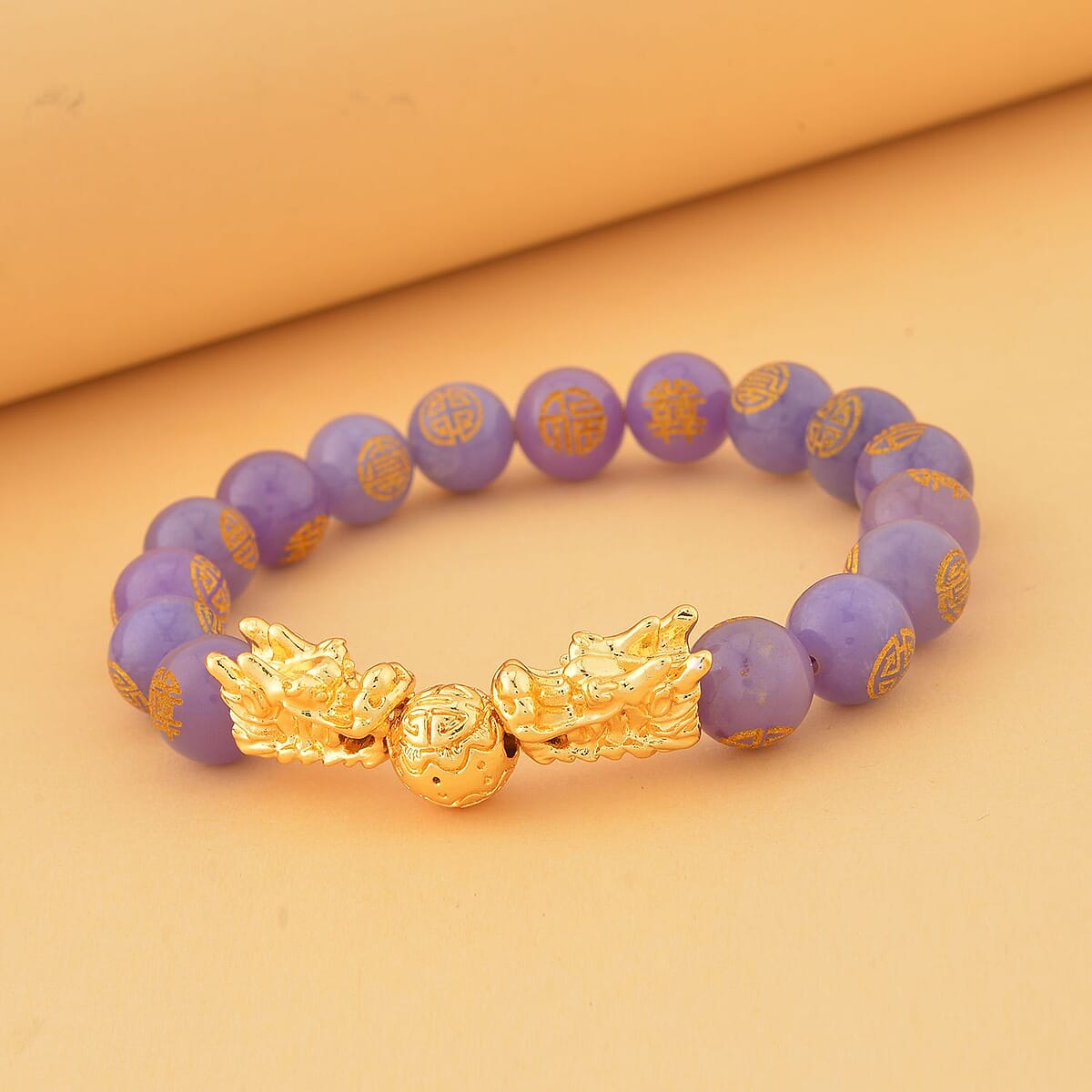 Purple Jade (D) Carved Feng Shui Dragon Stretch Bracelet in Goldtone 112.00 ctw image number 1
