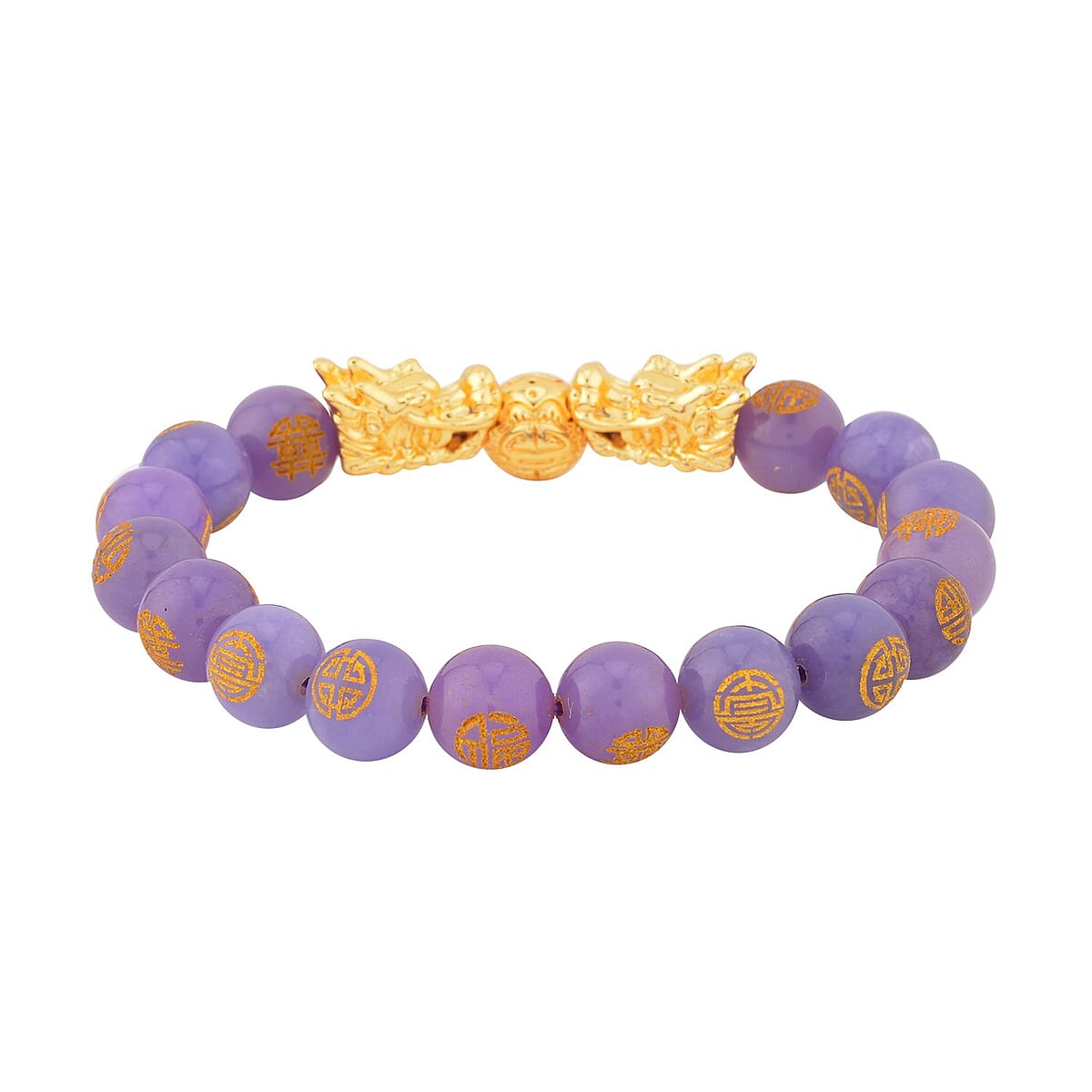 Purple Jade (D) Carved Feng Shui Dragon Stretch Bracelet in Goldtone 112.00 ctw image number 2