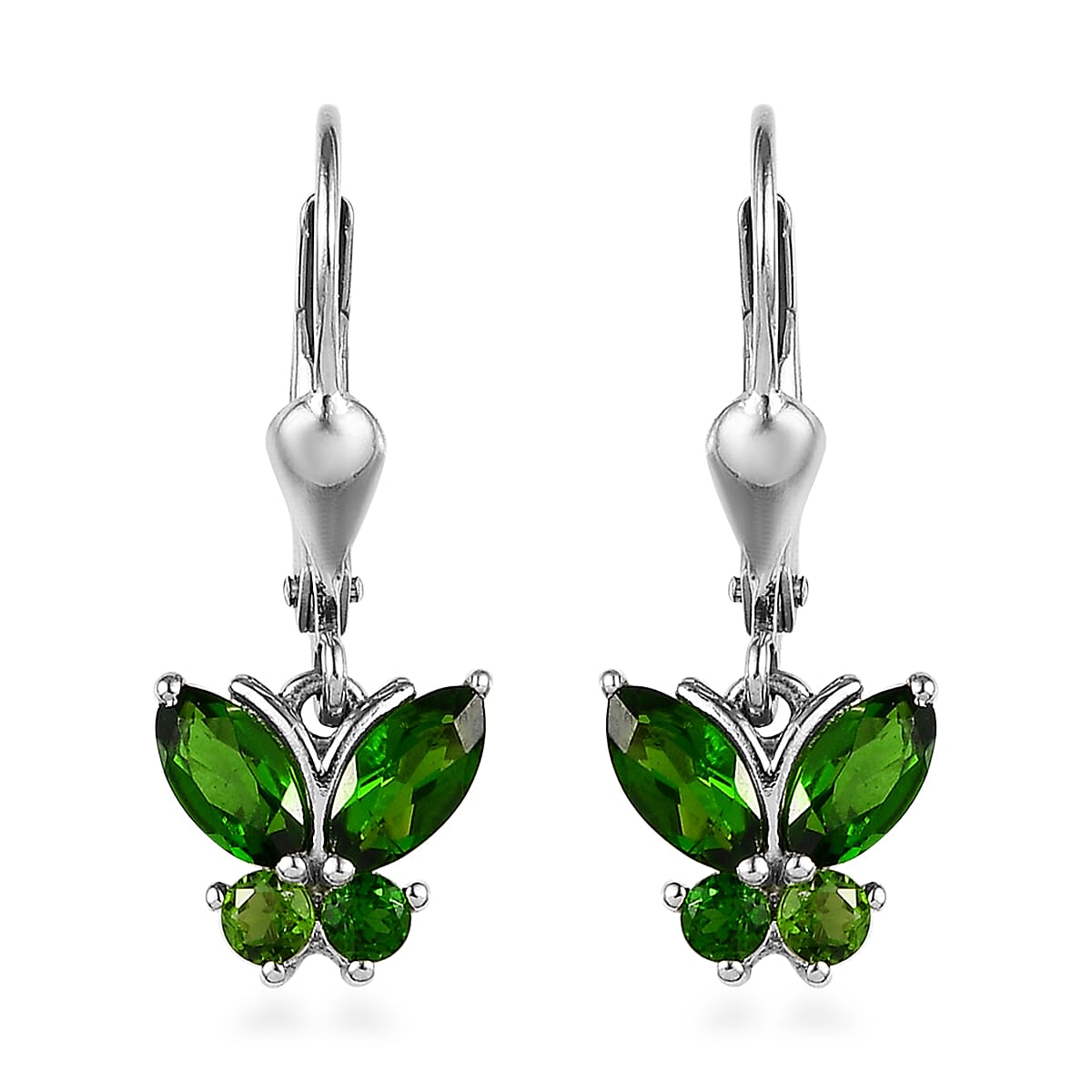 Chrome Diopside 1.40 ctw Lever Back Butterfly Earrings in Platinum Over Sterling Silver