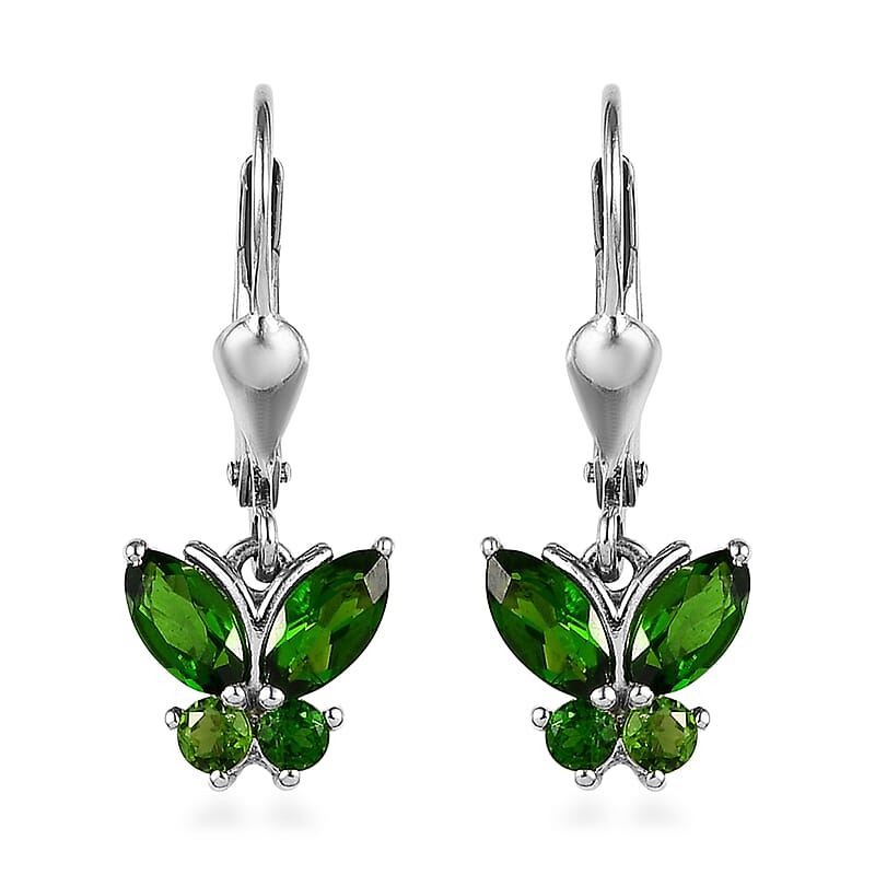 Chrome Diopside 1.40 ctw Lever Back Butterfly Earrings in Platinum Over Sterling Silver