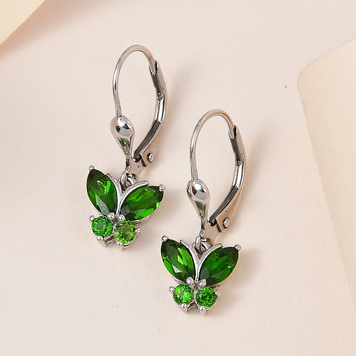 Chrome Diopside 1.40 ctw Lever Back Butterfly Earrings in Platinum Over Sterling Silver