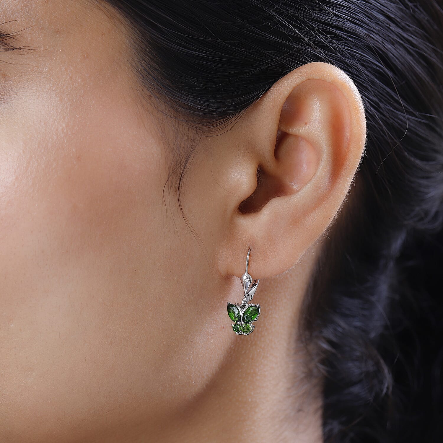 Chrome Diopside 1.40 ctw Lever Back Butterfly Earrings in Platinum Over Sterling Silver
