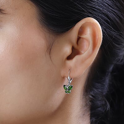 Chrome Diopside 1.40 ctw Lever Back Butterfly Earrings in Platinum Over Sterling Silver