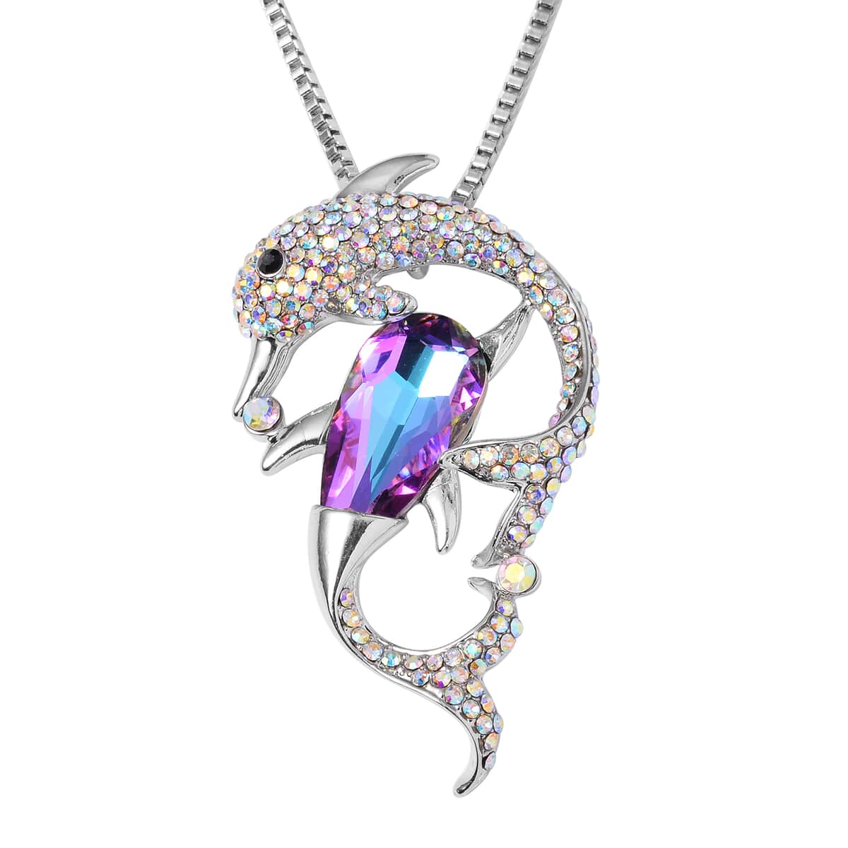 Purple Magic Color Glass, Mystic White and Black Austrian Crystal Dolphin Necklace in Silvertone 29-31 Inches image number 0