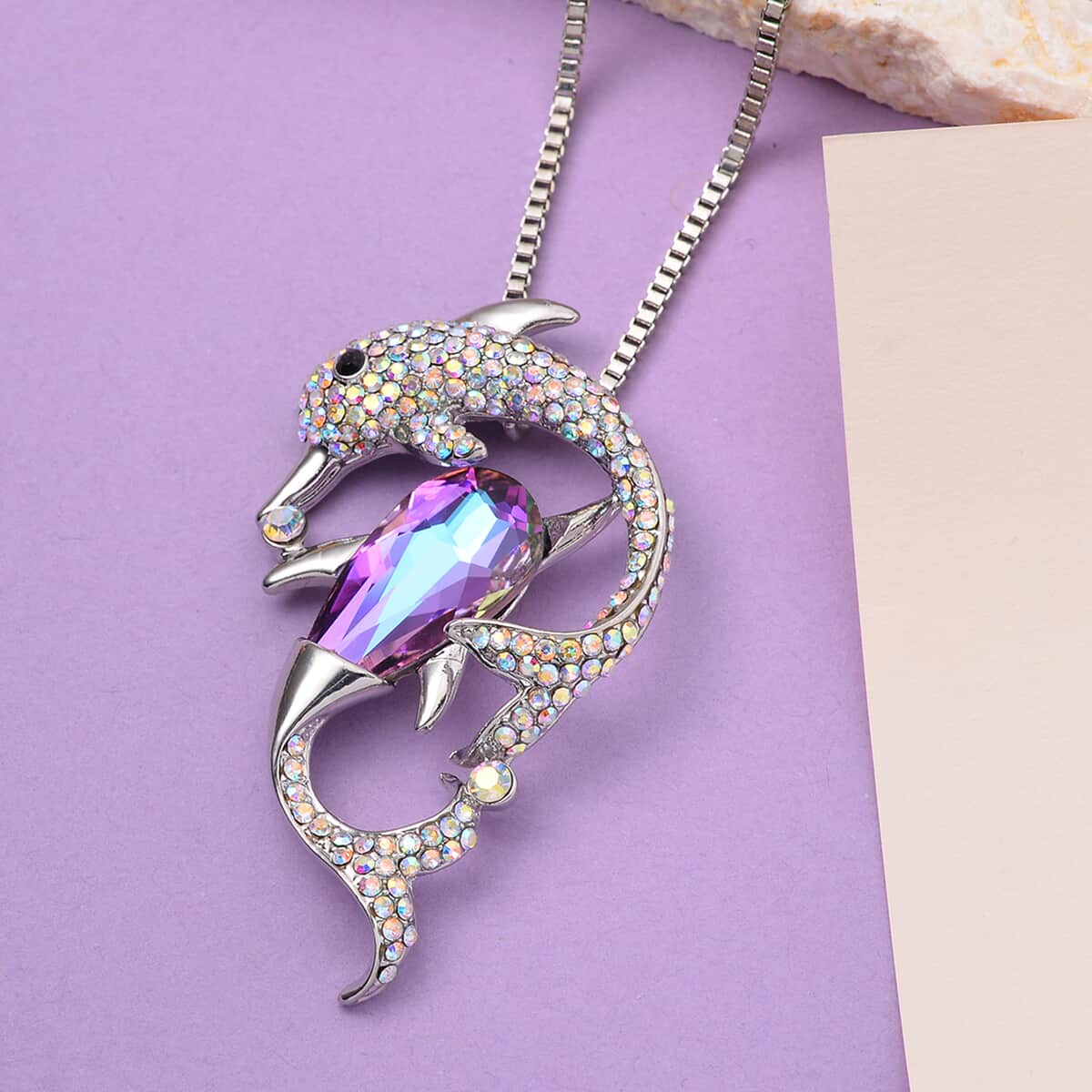 Purple Magic Color Glass, Mystic White and Black Austrian Crystal Dolphin Necklace 29-31 Inches in Silvertone image number 1