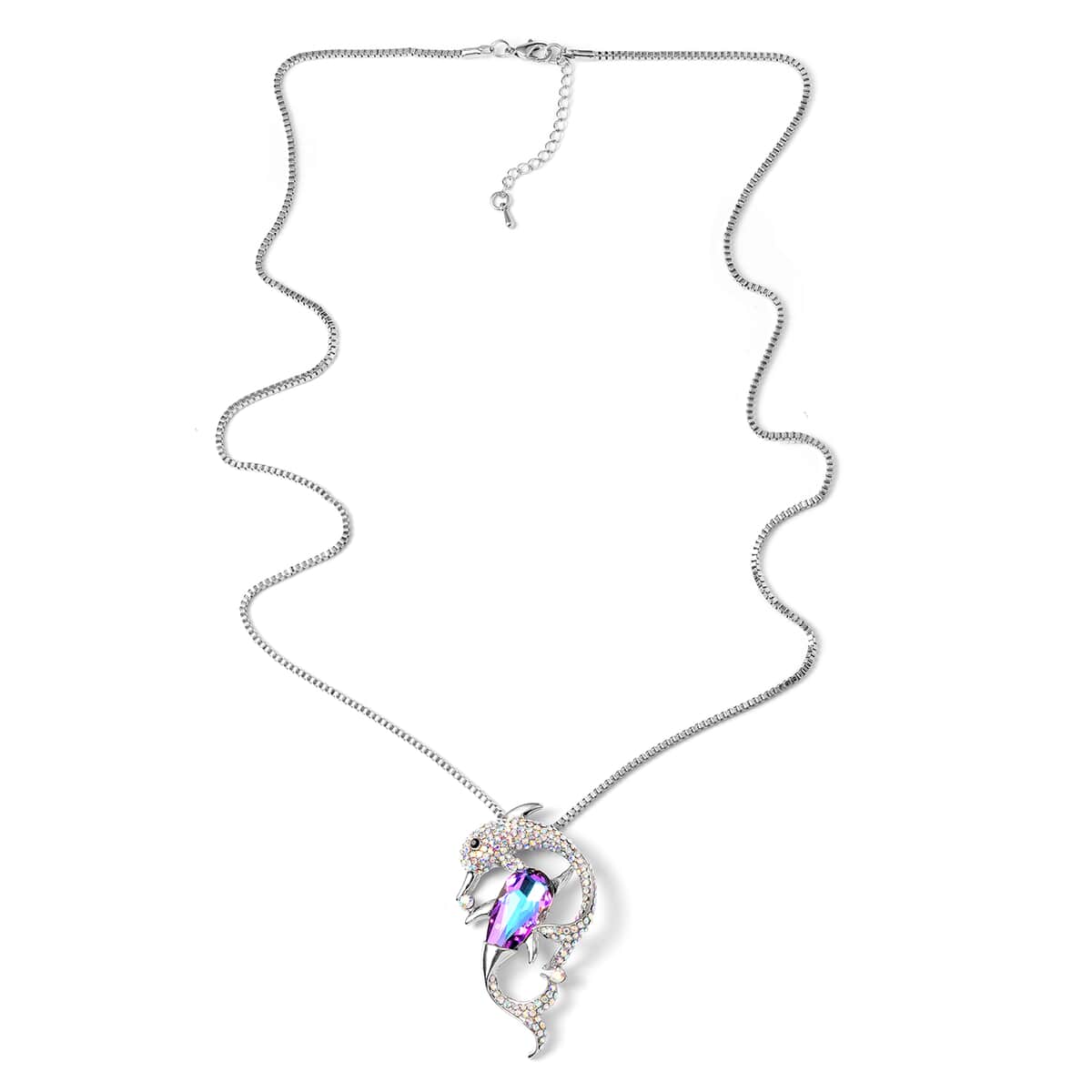 Purple Magic Color Glass, Mystic White and Black Austrian Crystal Dolphin Necklace 29-31 Inches in Silvertone image number 2