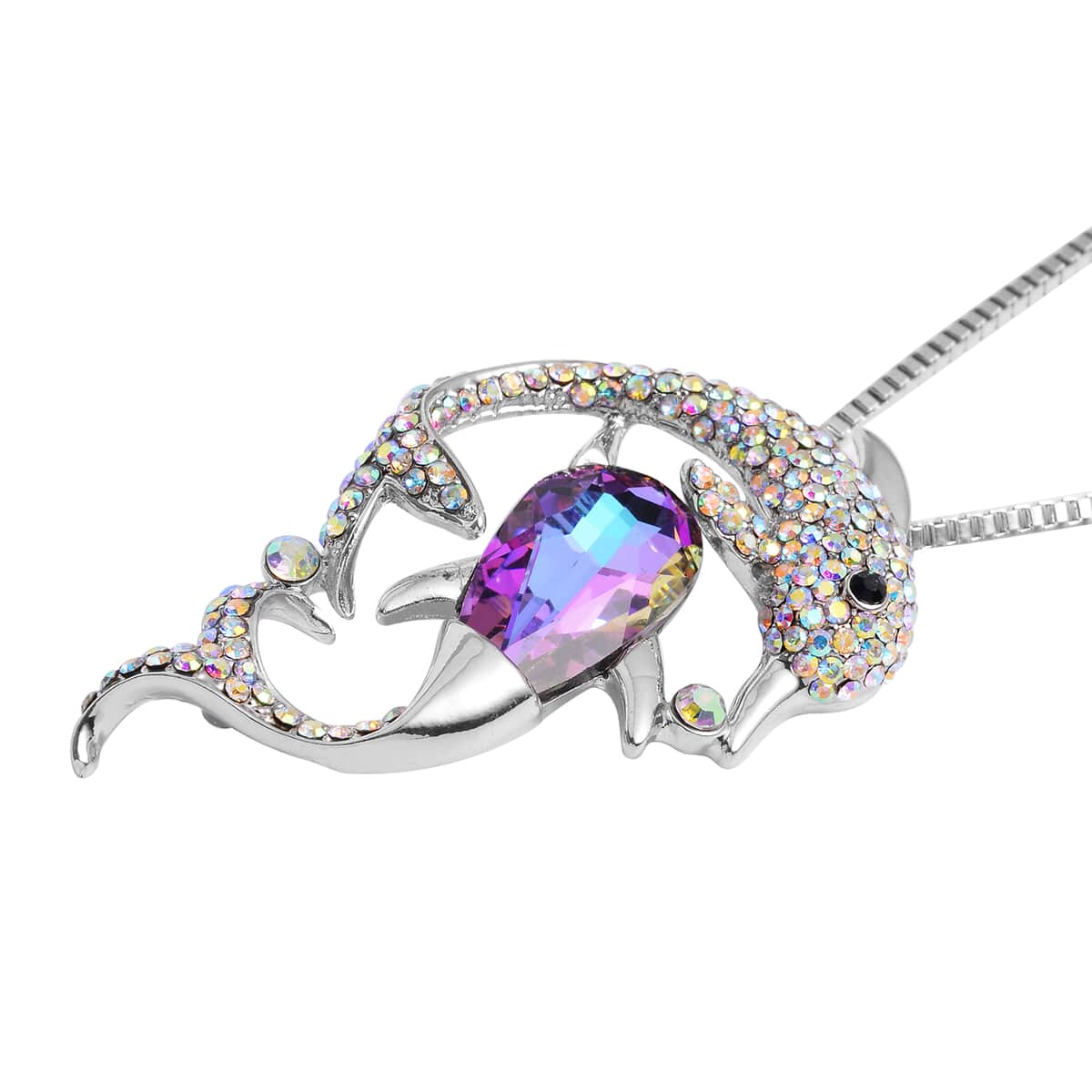 Purple Magic Color Glass, Mystic White and Black Austrian Crystal Dolphin Necklace in Silvertone 29-31 Inches image number 3