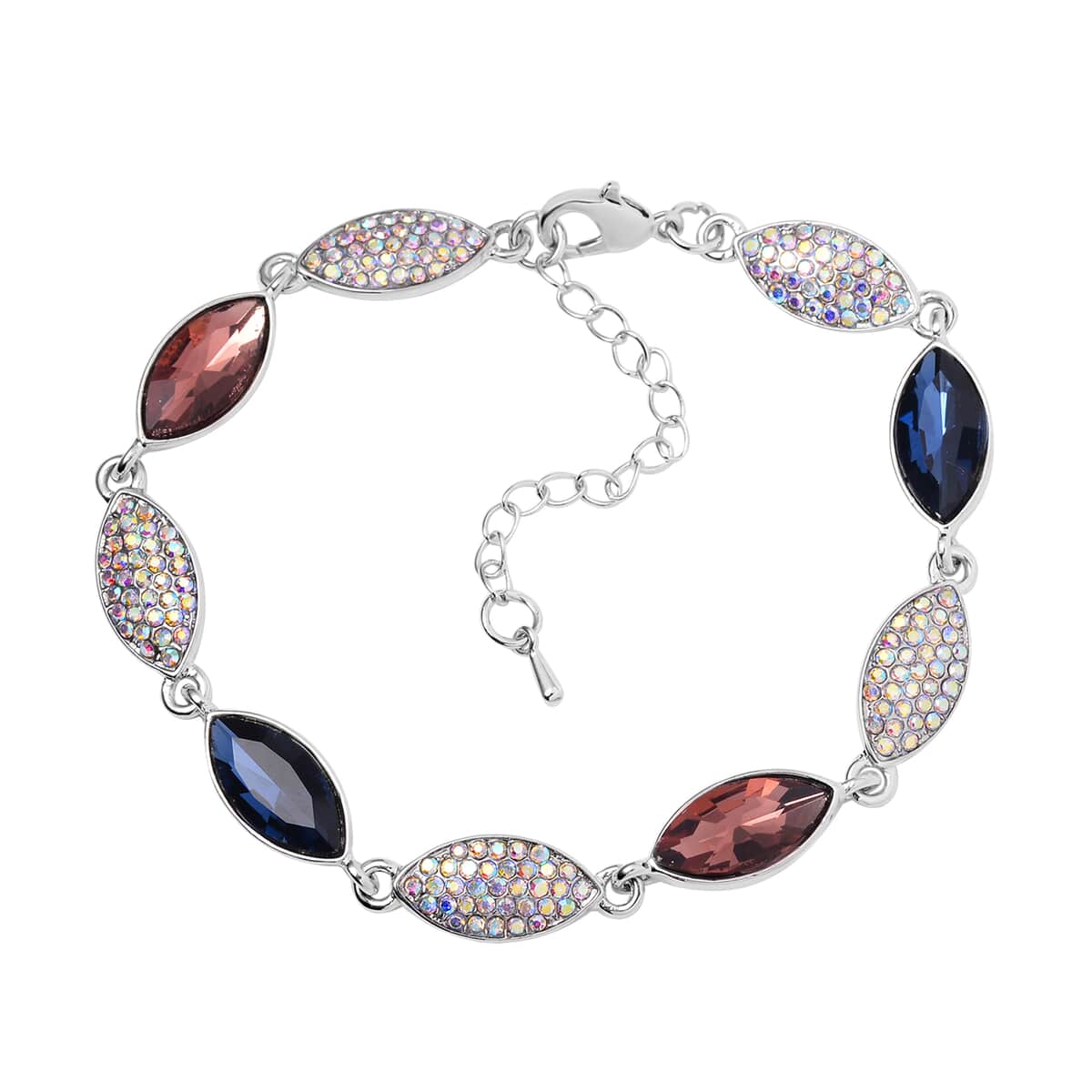 Burgundy and Blue Glass, White Mystic Austrian Crystal Bracelet in Silvertone (7.50-9.00In) image number 0