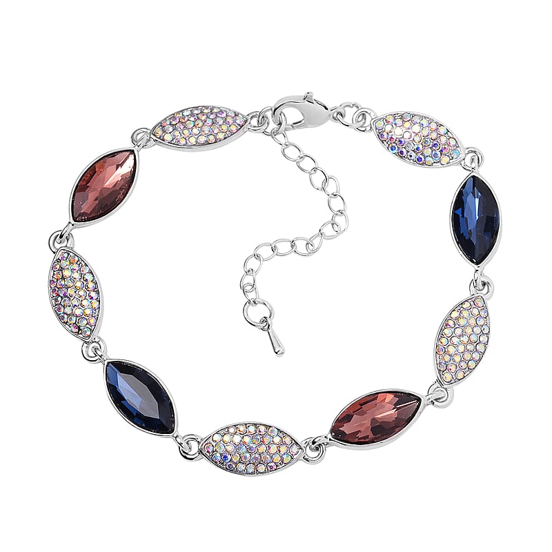 Burgundy and Blue Glass, White Mystic Austrian Crystal Bracelet in Silvertone (7.50-9.00In)