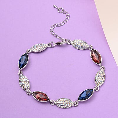 Burgundy and Blue Glass, White Mystic Austrian Crystal Bracelet in Silvertone (7.50-9.00In)