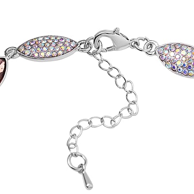 Burgundy and Blue Glass, White Mystic Austrian Crystal Bracelet in Silvertone (7.50-9.00In)