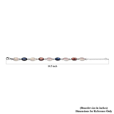 Burgundy and Blue Glass, White Mystic Austrian Crystal Bracelet in Silvertone (7.50-9.00In)