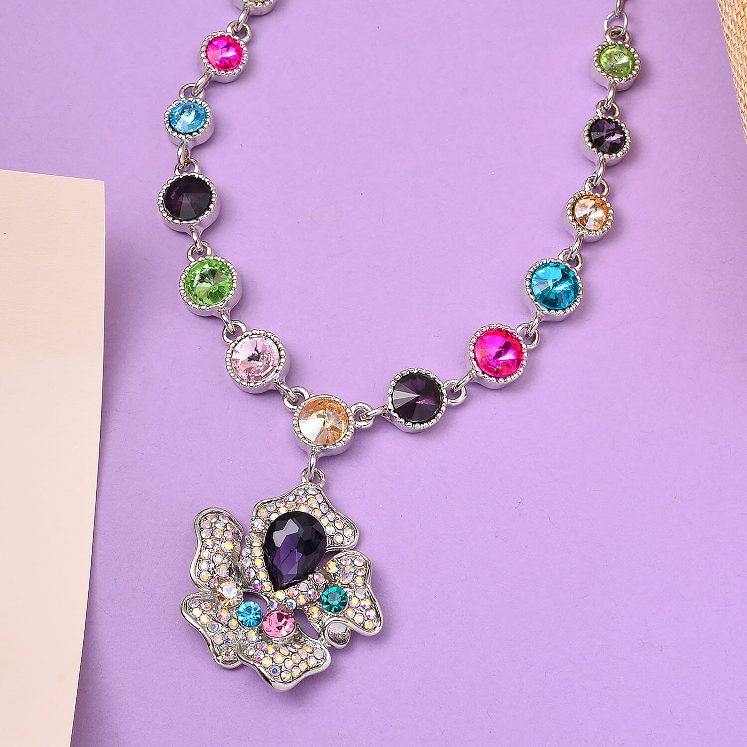 Multi Color Austrian Crystal Necklace 20-22 Inches in Silvertone