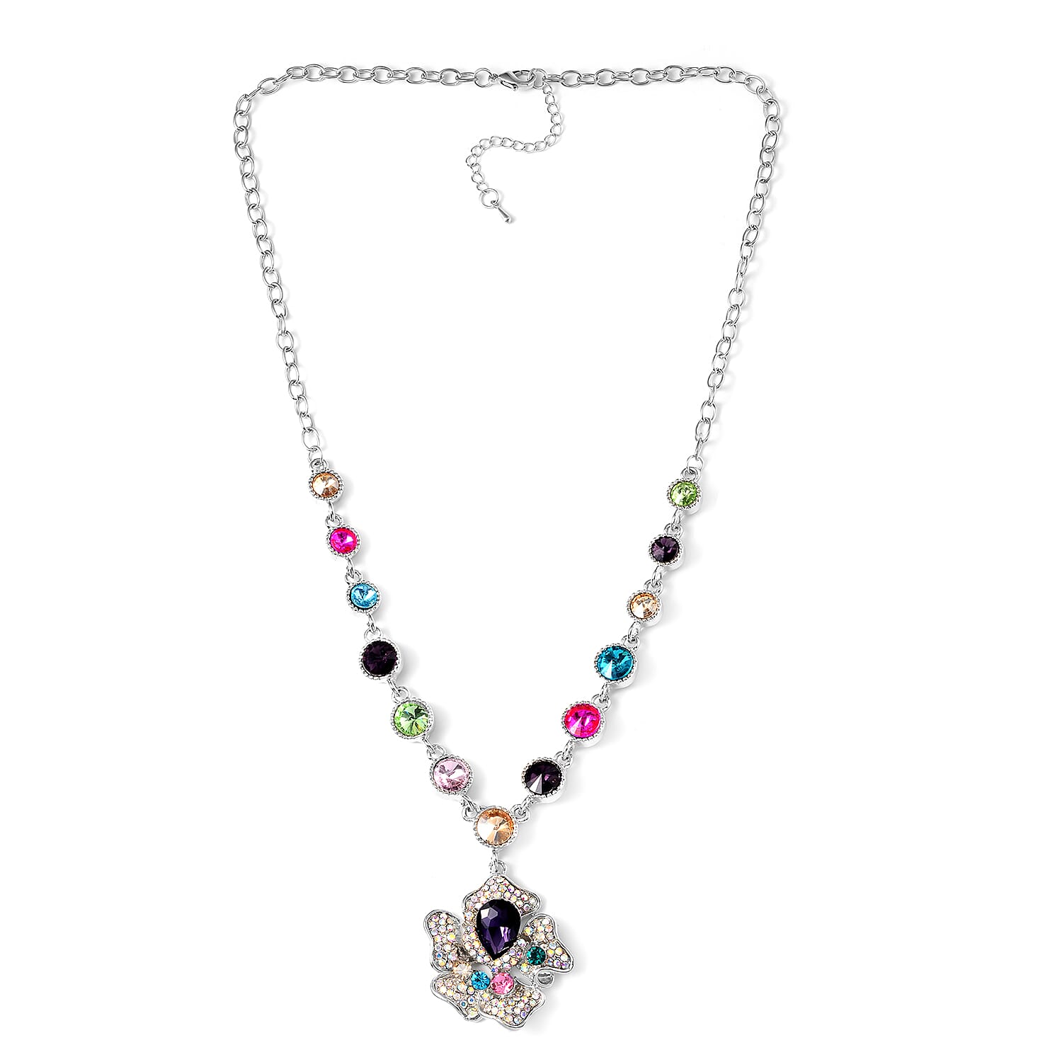 Multi Color Austrian Crystal Necklace 20-22 Inches in Silvertone