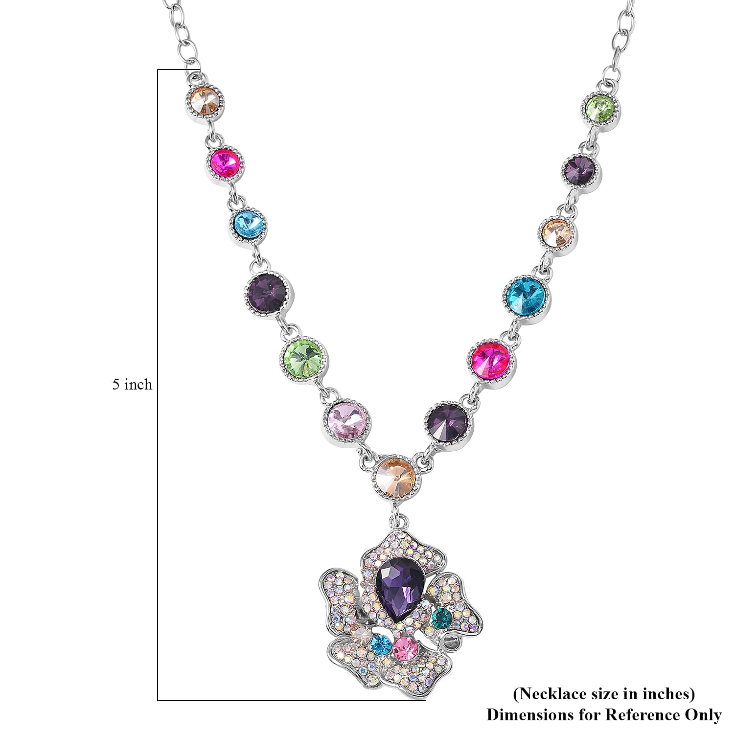 Multi Color Austrian Crystal Necklace 20-22 Inches in Silvertone
