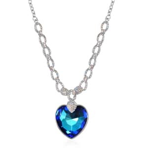 Simulated Blue Quartz and Mystic White Austrian Crystal Heart Necklace 20-22 Inches in Silvertone