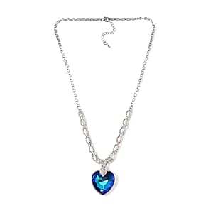 Simulated Blue Quartz and Mystic White Austrian Crystal Heart Necklace in Silvertone 20-22 Inches