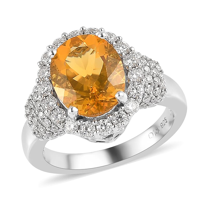 Premium Brazilian Fire Opal and Moissanite Halo Ring in Platinum Over Sterling Silver (Size 10.0) 3.25 ctw