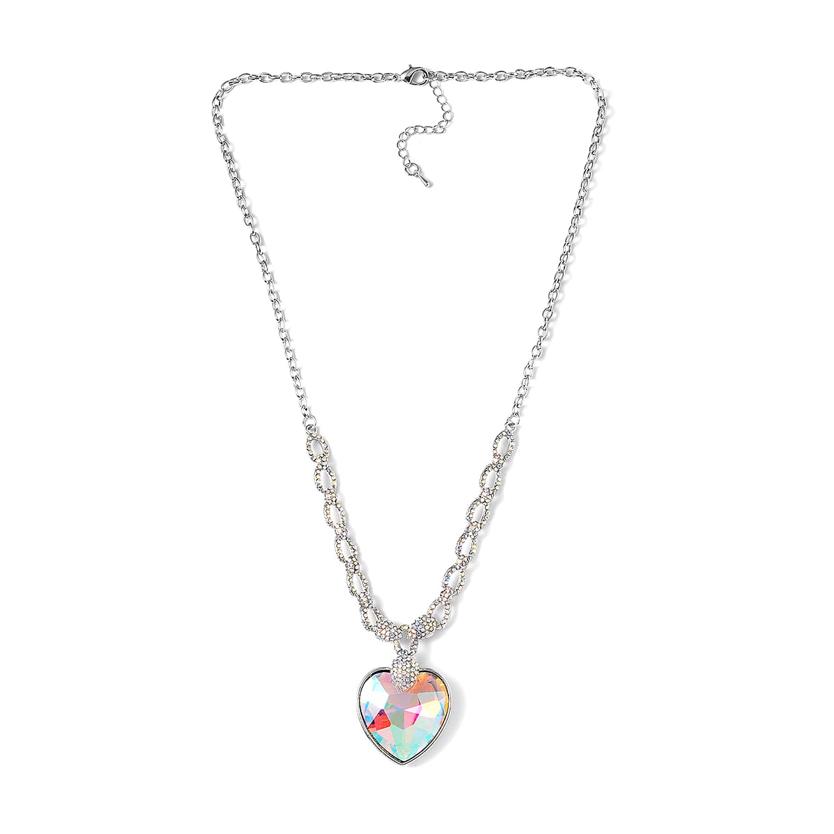 Simulated Aurora Borealis, Mystic White Austrian Crystal Heart Necklace in Silvertone 20-22 Inches image number 2