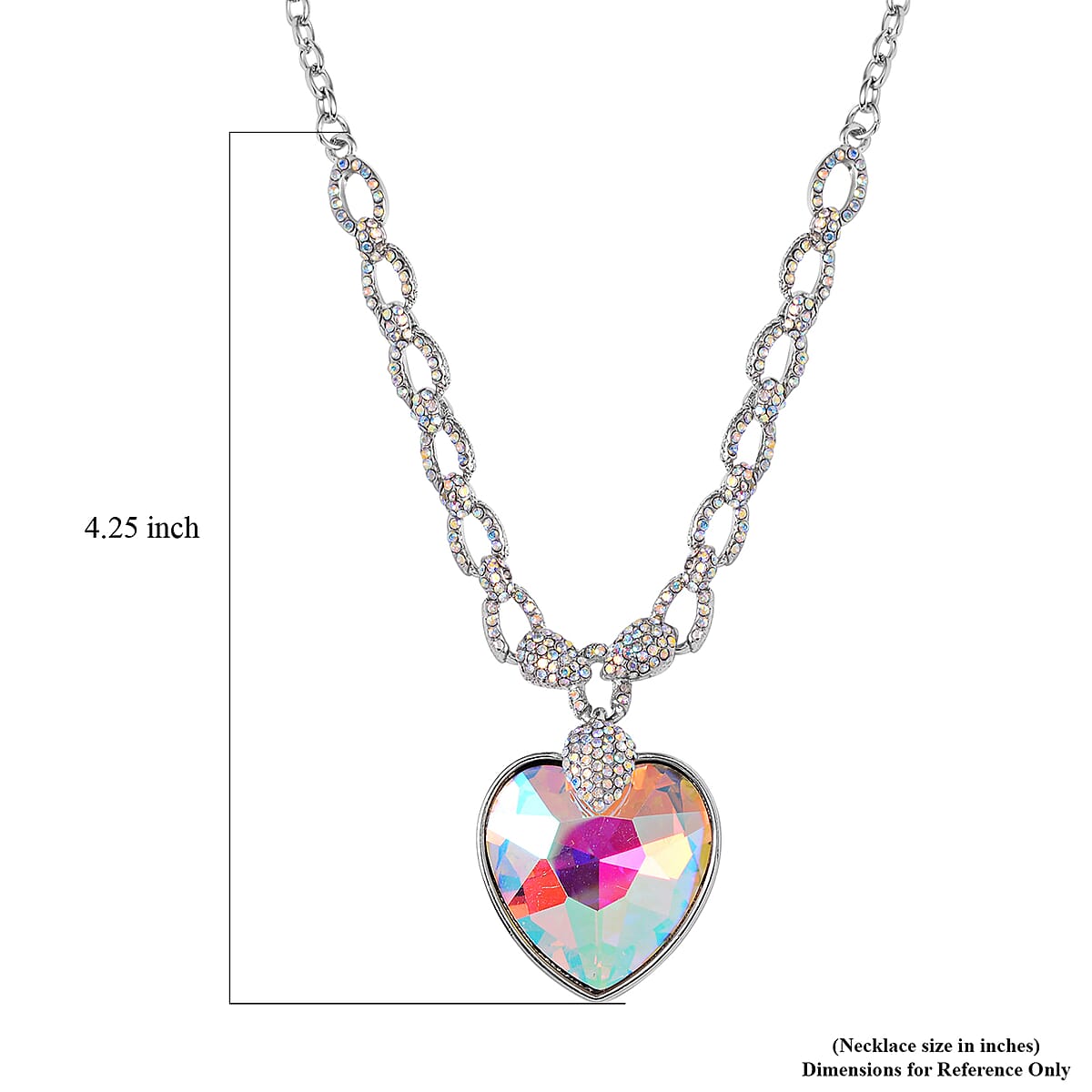 Simulated Aurora Borealis, Mystic White Austrian Crystal Heart Necklace in Silvertone 20-22 Inches image number 4