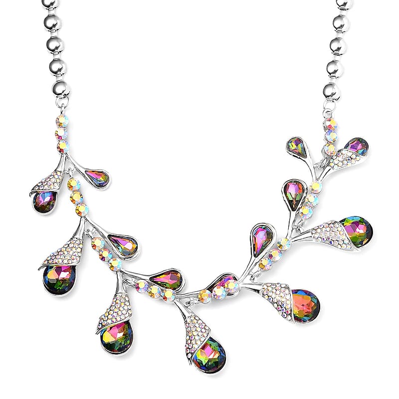 Mystic Color Glass and Aurora Borealis Austrian Crystal Necklace 20-22 Inches in Silvertone